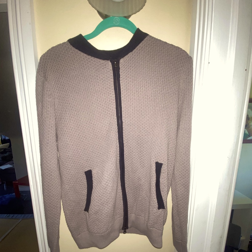 Singer + Sargent Mens L Taupe Gray Black Zip Up Honeycomb Knit Cardigan Sweater